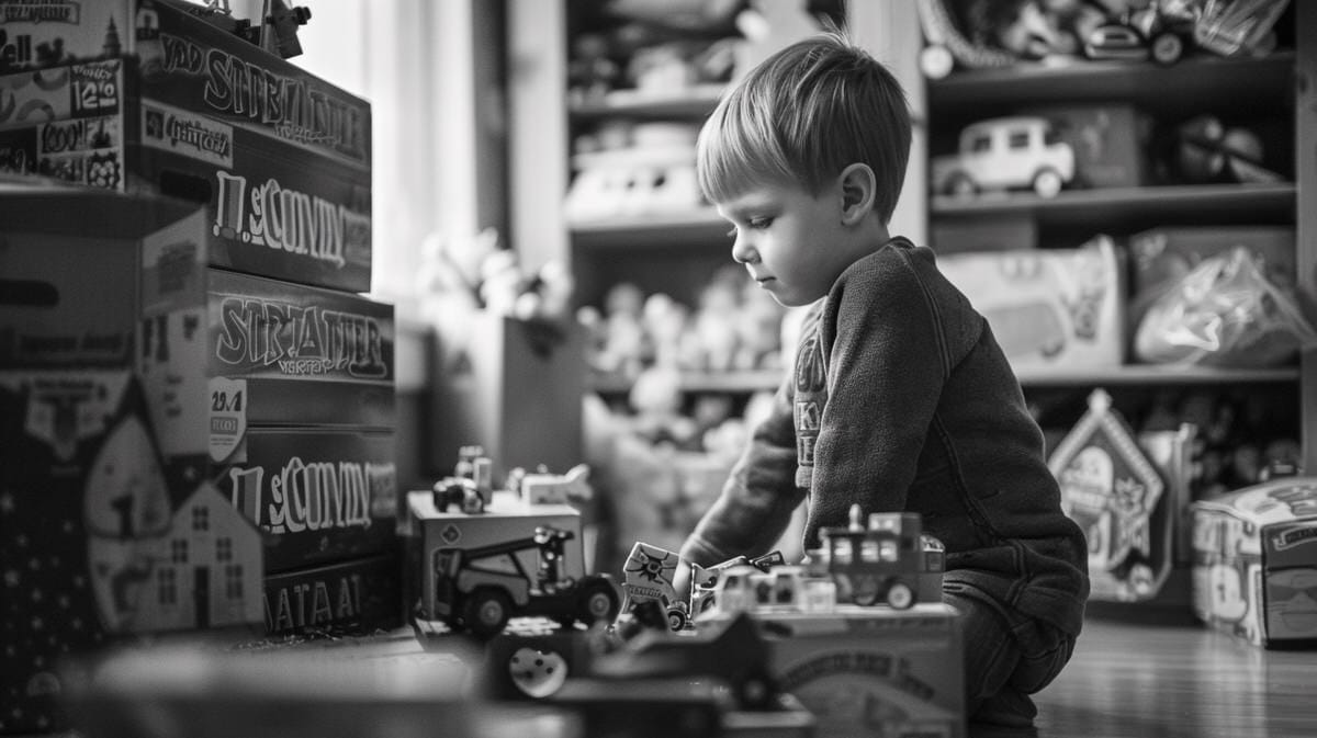 Black and white picture of a little boy sitting on the floor playing with toy cars.
